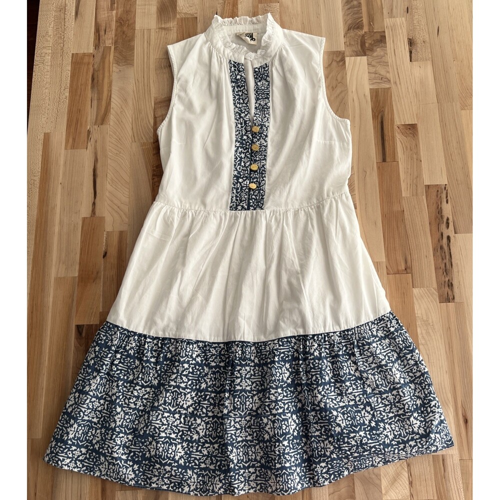 Mon Coco Ruffle Shirt Dress Tiered Split Neck Romantic Beachy Blue & White XS
